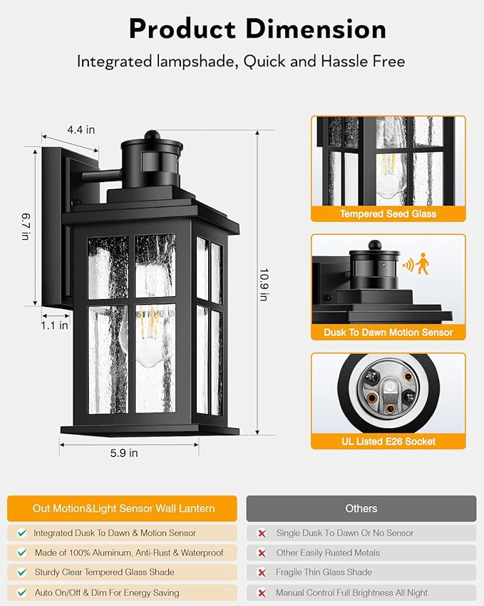 VIANIS Motion Sensor Porch Lights Outdoor, 2 Pack Black Exterior Lighting Fixtures for House, Waterproof Outdoor Wall Sconce Wall Mount, Modern Outside Wall Lantern with Dusk to Dawn for Garage, Patio