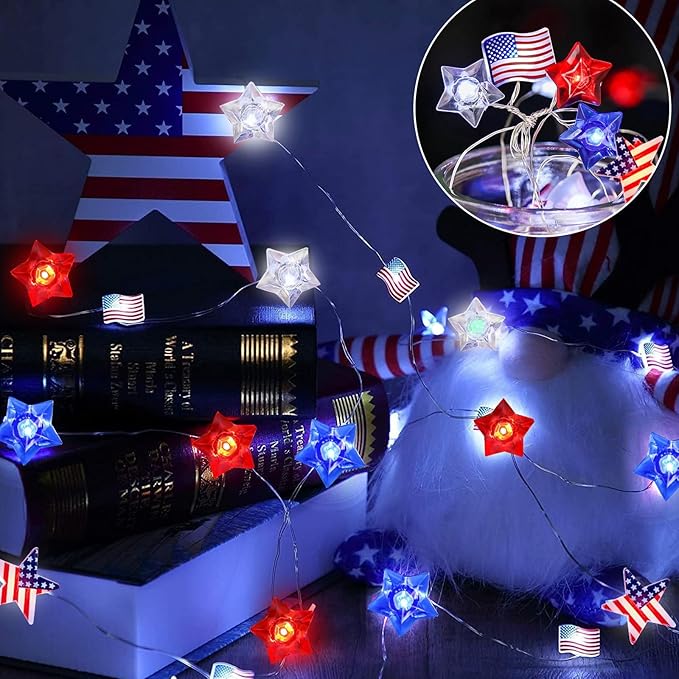Aogist 4th of July Decorations String Lights with Remote an Timer, USB & Battery Dual-Power American Flag Lights for Memorial Day, Independence Day (2 Pack)