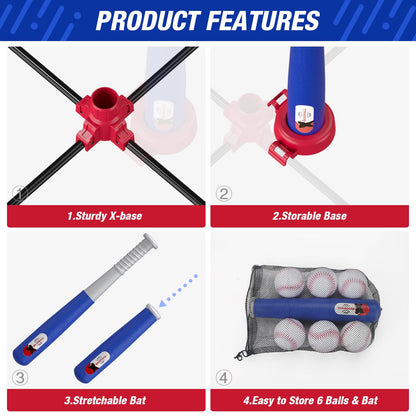 HYES 3-in-1 Baseball Set for Kids 3-5 - Tee Ball Stand, Hanging Tee, Ball Launcher and 6 Softballs - Adjustable Height, Indoor/Outdoor Sport Gifts for Boys, Blue