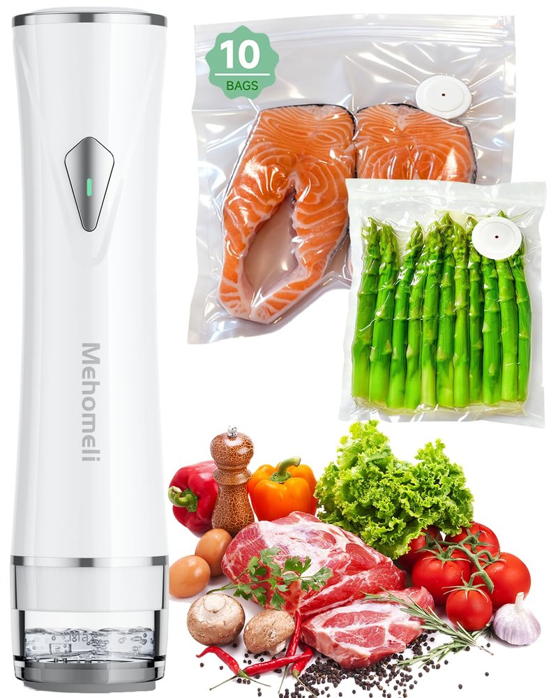 Mehomeli Compact Vacuum Sealer for Food (Vacuum Sealer Machine + 10 Reusable Vacuum Bags), Powerful Handheld Vacuum Sealer Machine, Seal Food 6X Fresh Longer, Portable & Wireless, Easy-Clean