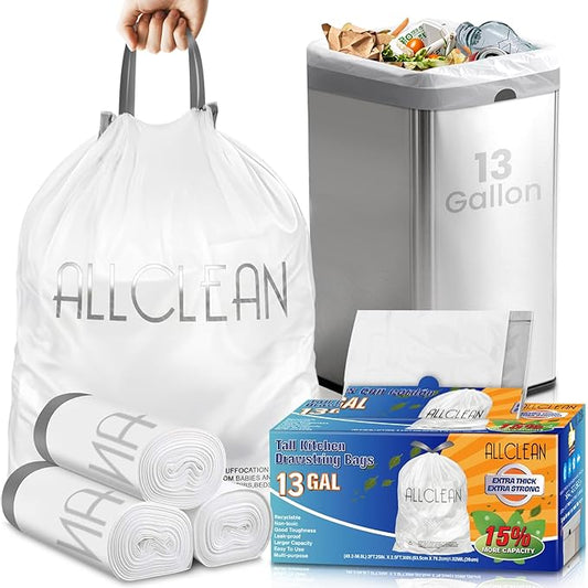 Trash Bags 13 Gallon Tall Kitchen Drawstring Garbage Bags, Fit 13 Gal Bins