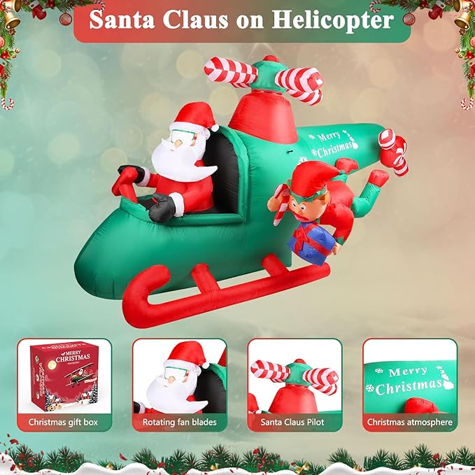 8.5FT Christmas Inflatables Santa Claus Helicopter Decoration - Blow Up Weatherproof IP44, Built-in LED Lights, Indoor/Outdoor Yard & Garden Lawn Decor with Elf & Gift Box (Winter Holiday Xmas)