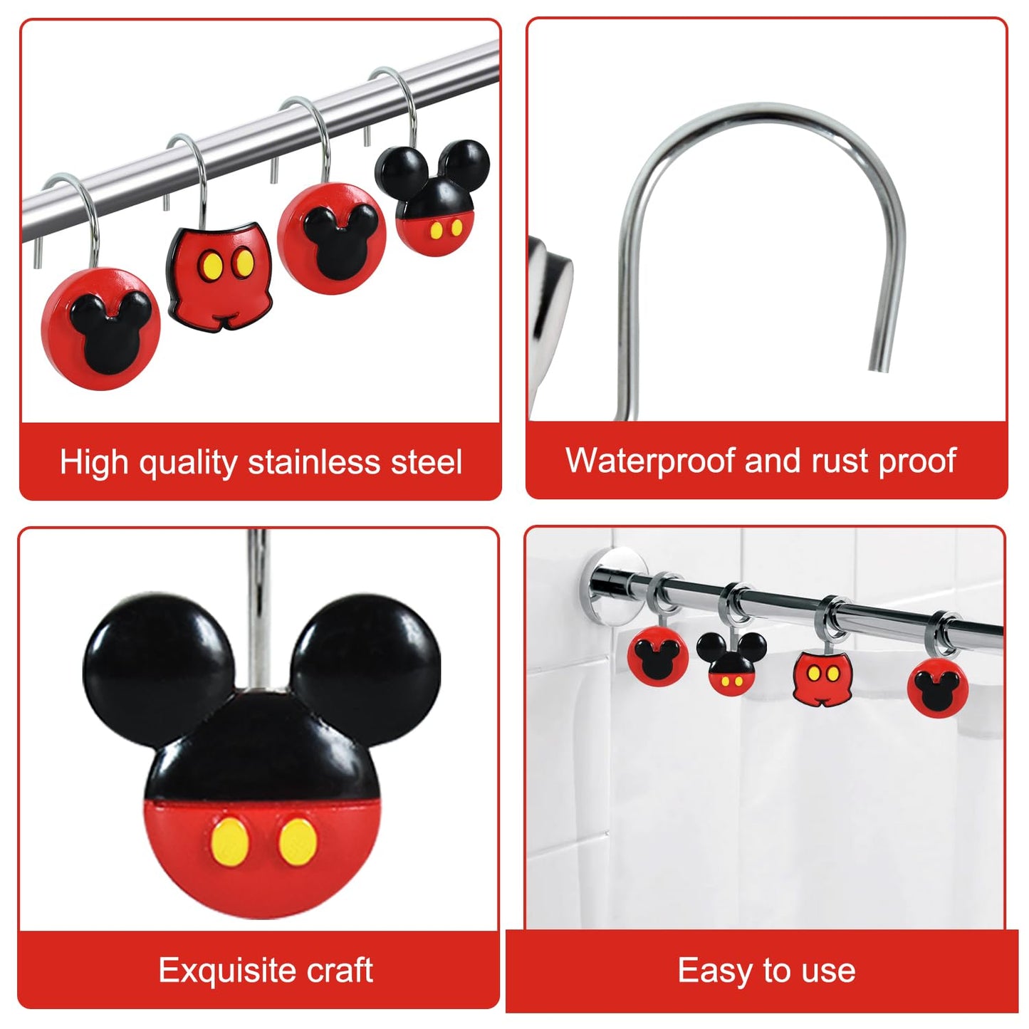 CTOHN 12 Pieces Mouse Shower Curtain Hooks Rings, Mouse Theme Decorative Shower Hooks for Shower Curtain, Stainless Steel Decorative Shower Hangers Rings for Bathroom