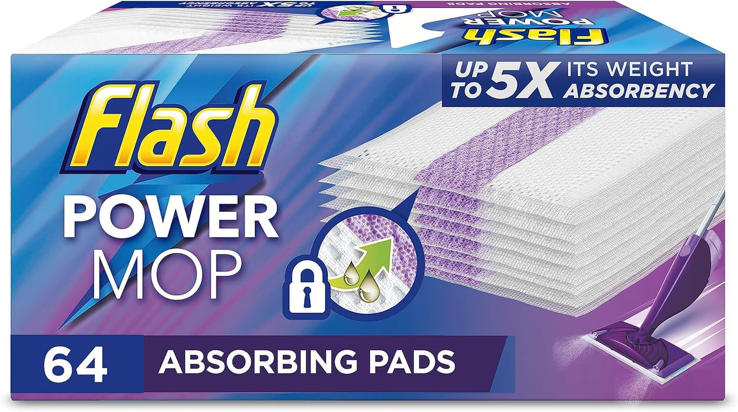 Flash Power Spray Mop Absorbing Pad Refills, Flash Mop Refill Pads, White, 64 Wipes (16x4), Flash Power Mop