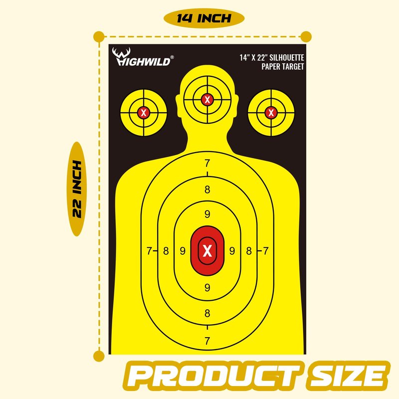 Highwild Shooting Range Silhouette Paper Target 50 Pack - 14X22 Inches - Suitable for Handguns, Rifles, Airguns, BB Guns (Black & Yellow)