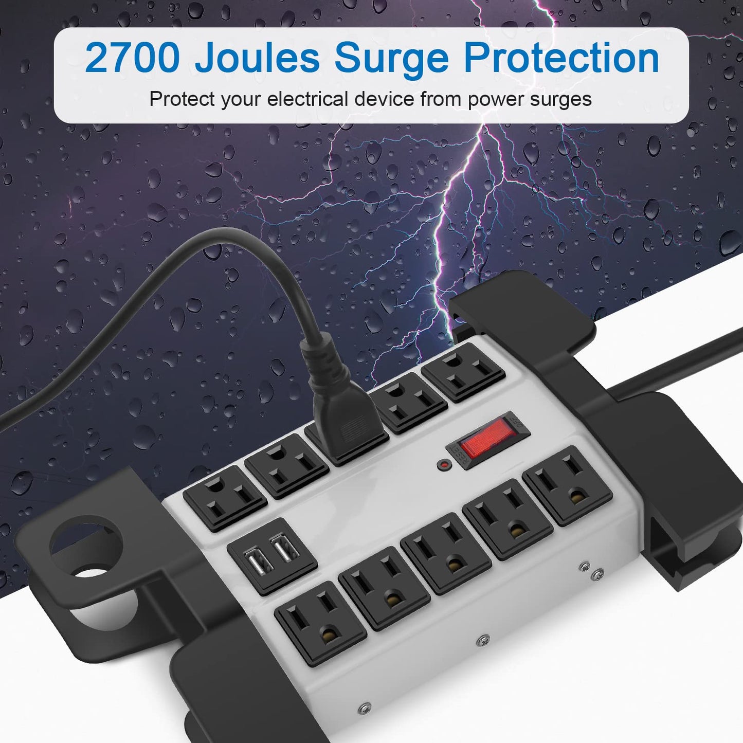 CCCEI Heavy Duty Power Strip with USB Ports, Garage 10 Outlets Surge Protector 2700 Joules, Industrial Workshop Metal 15Amp Multiple Outlets, 6 FT Extension Cord and Wide Spaced Grey.