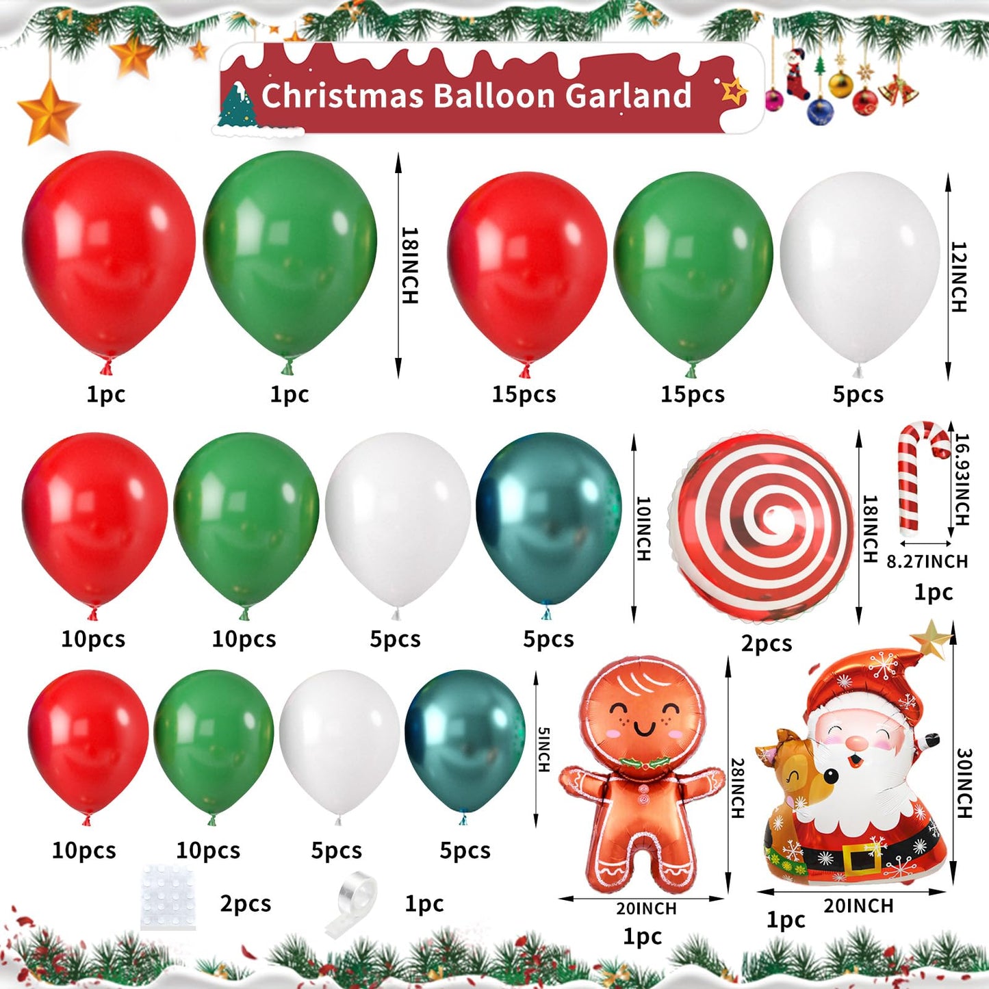Christmas Balloon Garland Arch Kit, Christmas Balloon Arch with Metallic Green Red White Latex Balloons Snowflake Santa Foil Balloons Candy Cane for Xmas New Year Party Decoration