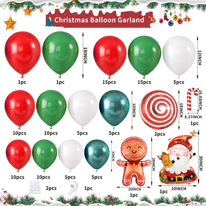 Christmas Balloon Garland Arch Kit, Christmas Balloon Arch with Metallic Green Red White Latex Balloons Snowflake Santa Foil Balloons Candy Cane for Xmas New Year Party Decoration