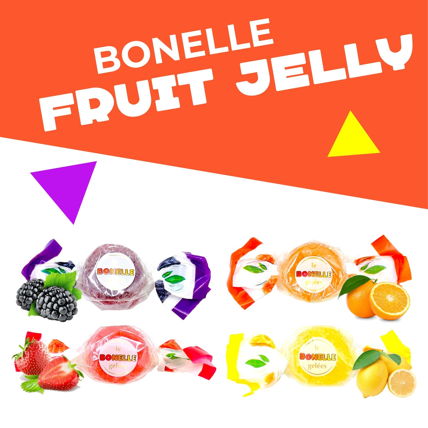 Bonelle Italian Fruit Jelly Candy | 1 Pound Bag | Vegan Dye Free Candy Individually Wrapped | Lemon, Strawberry, Orange, Blackberry | Naturally Flavored