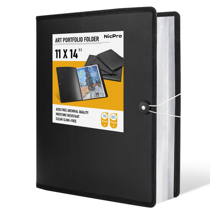 Nicpro 11x14 Art Portfolio Folder, 30 Pockets Display 60 Pages Art Painting Portfolio Binder with Clear Plastic Sleeves, Presentation Storage Book for Kids & Artists Artwork Drawing - (Black)