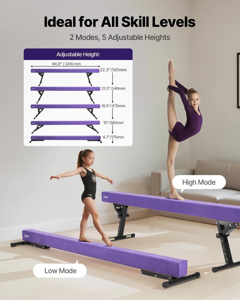 VEVOR Adjustable Balane Beam for Kids, 8FT Gymnastics Beam, High and Low Floor Beams of 5 Adjustable Heights for All Gymnastic Levels, Professional Gymnastic Equipment for Home and Gym Center, Purple
