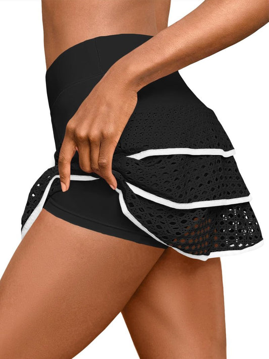 Fisoew Womens Tennis Golf Skirts Built in Shorts High Waisted Tiered Athletic Workout Crochet Mini Skorts with Pockets White
