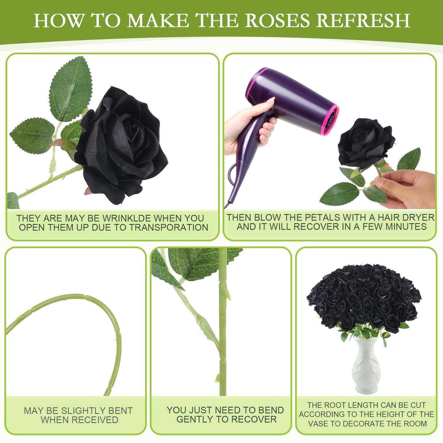 Hananona 50 Pcs Artificial Roses in Bulk, Fake Velvet Silk Roses Realistic Black Roses for Wedding Centerpieces Flower Arrangement Home Decor (50, Black)