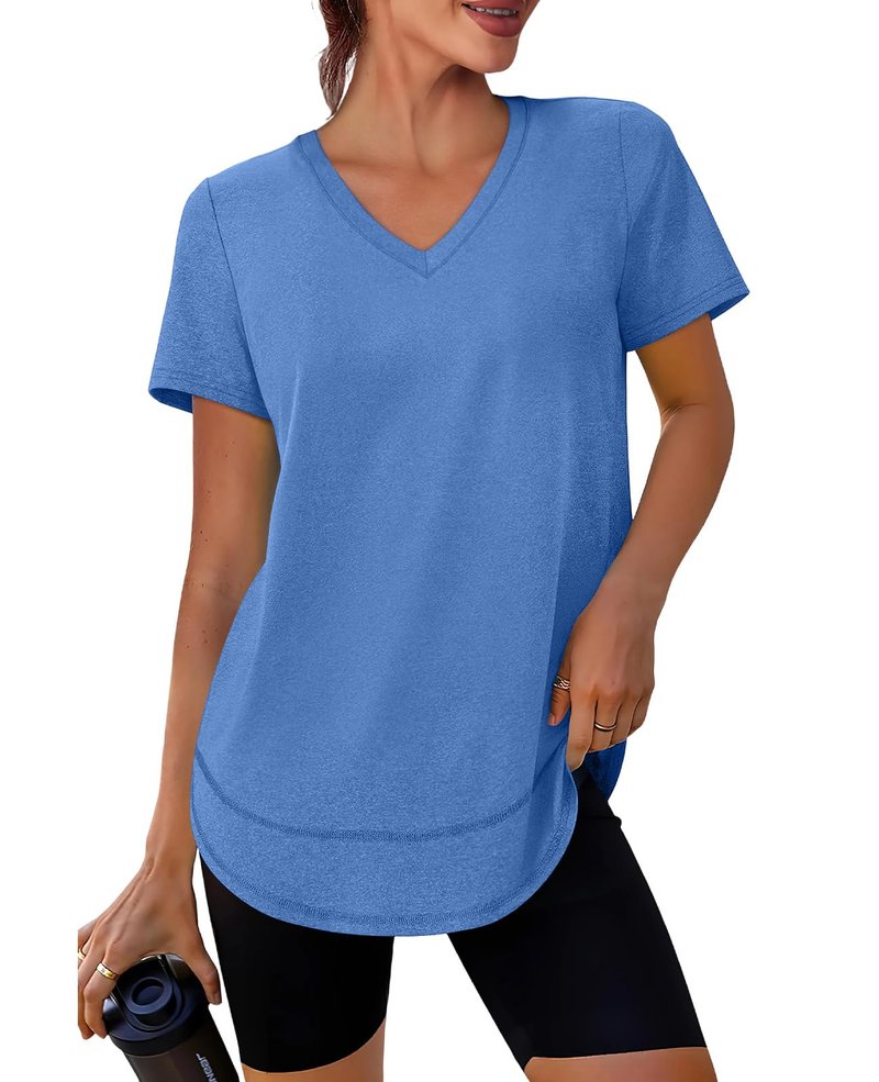 Short Sleeve Shirts for Women Workout Yoga Tops Sun Protection Clothing Summer Outfits Rash Guard Side Slit V Neck Blue XL