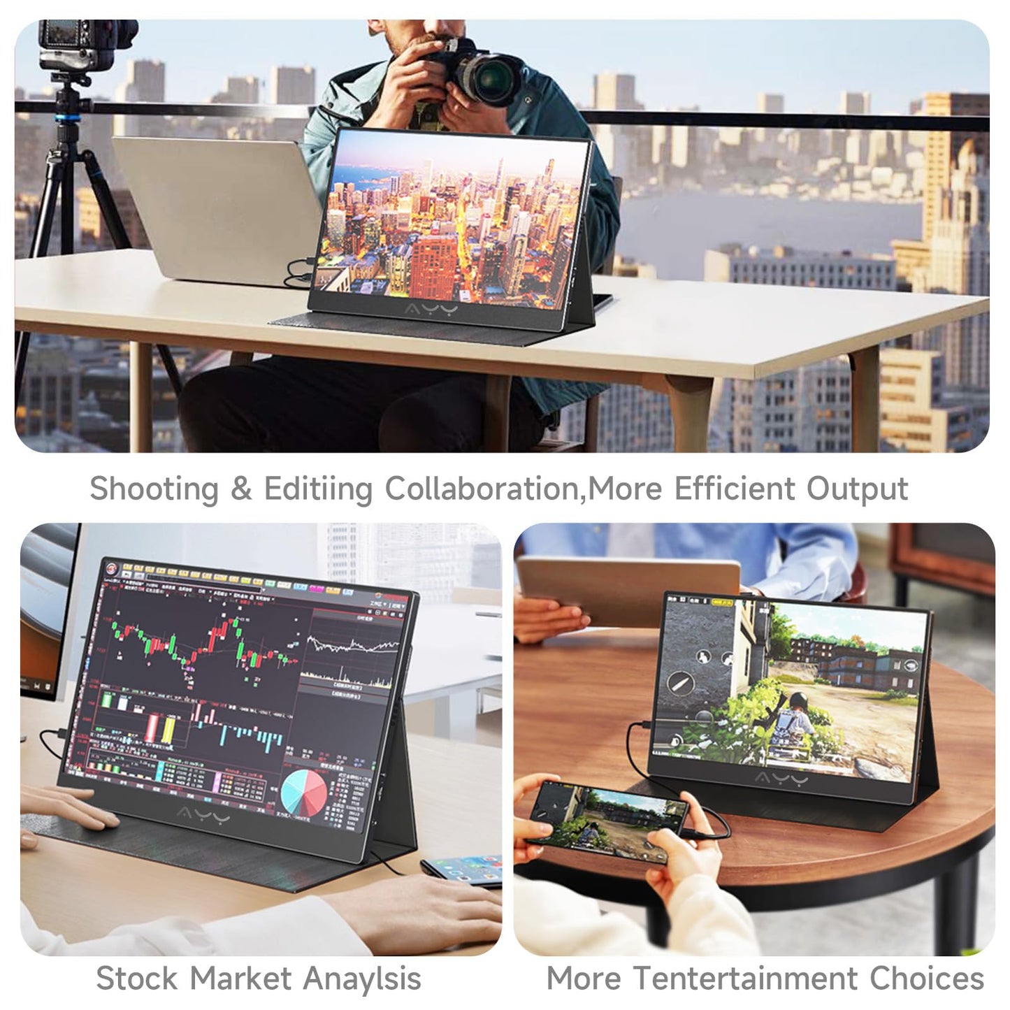 AYY Portable Monitor for Laptop 15 Inch, FHD 1080P USB-C HDMI Travel Monitor External for Computer, Second Display HDR IPS Gaming Monitor Extender for PC MAC Phone PS4/5 Xbox Switch, Built-in Speakers