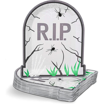 Spooky Central Spooky Paper Plates - 9 in, 48 Count, Gray - Tombstone Design Plates & Disposable Halloween Tableware for Halloween Party Supplies & Spooky Décor