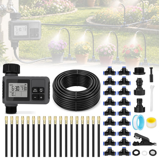 66FT Drip Irrigation Kit with Timer, Automatic Garden Watering System with Flexible 360° Bendable Hose & Adjustable Emitters, Drip Irrigation System for Greenhouse, Yard, Flower Bed, Lawn & Plants