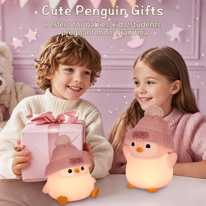 FAMIDUO Penguin Night Light, Cute Pink Penguin Lamp with Knit Hat, Soft Silicone Nursery Nightlight for Baby, Rechargeable/Dimmable/Timer,LED Squishy Novelty Animal Bedside Lamp,Funny Gifts for Kids