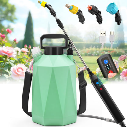 Battery Powered Sprayer 1.35Gallon/5L, 2025 Upgraded Electric Sprayer in Lawn and Garden with 3 Adjustable Force, Battery Indicator, Rechargeable Handle, Telescopic Wand,3 Mist Nozzles,Shoulder Strap