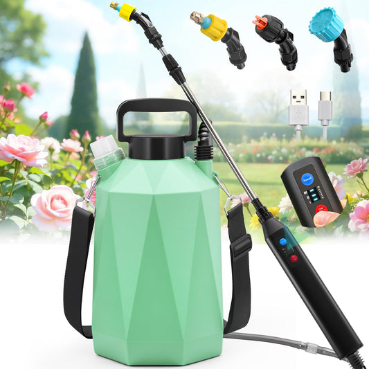 Battery Powered Sprayer 1.35Gallon/5L, 2025 Upgraded Electric Sprayer in Lawn and Garden with 3 Adjustable Force, Battery Indicator, Rechargeable Handle, Telescopic Wand,3 Mist Nozzles,Shoulder Strap