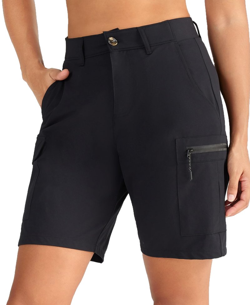 Oalka Women's Hiking Cargo Shorts Bermuda Lightweight Golf Camping 9" Long Shorts with Pockets Quick Dry Black XL