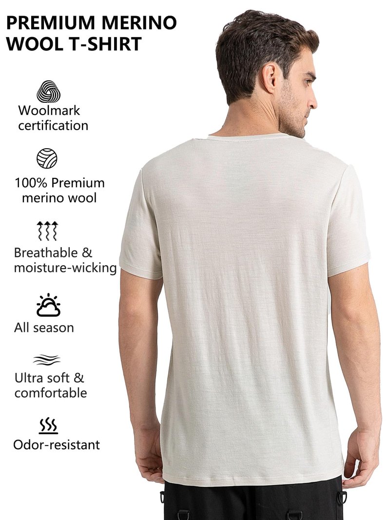 innotree Men's Merino Wool T-Shirt, 100% Organic Merino Wool Undershirt Lightweight Crew Short Base Layer for Hiking,Light Gray,Small