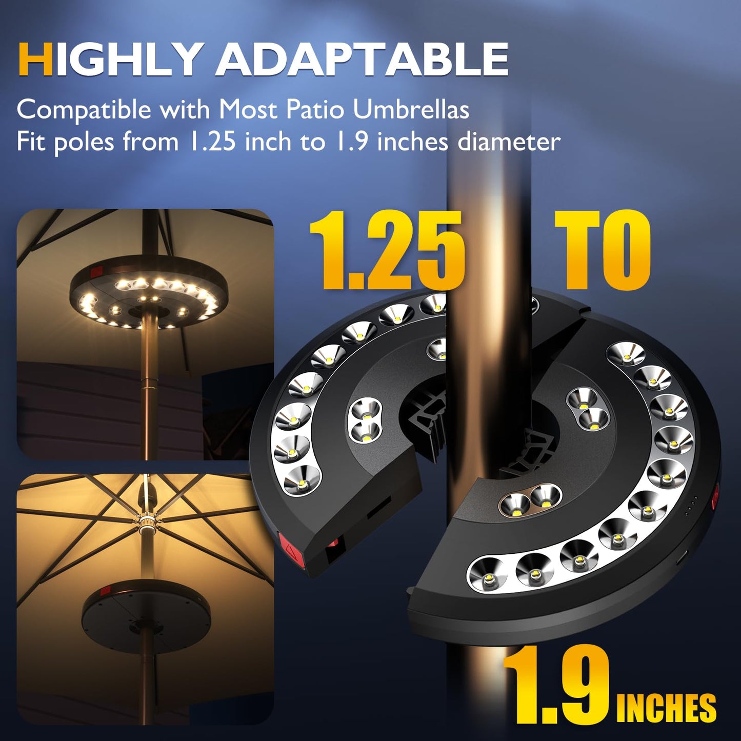 Garden Parasol Lights LED, Patio Umbrella Pole Light, USB Rechargeable Cordless Light for Patio Garden Pool Ornaments, Outdoor Lighting for Cantilever Banana Hanging Beach Parasol Umbrella, Warm