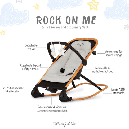 Dream on Me Rock with me 2-in-1 Rocker and Stationary Seat | Compact Portable Infant Rocker with Removable Toys Bar & Hanging Toys in Black & Grey