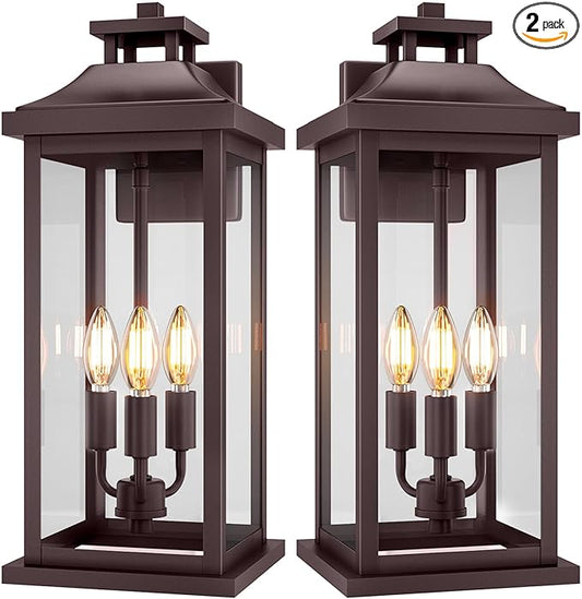 20" Oil Rubbed Bronze Outside Lighting for House 3-Light, 2 Pack Brown Large Vintage Outdoor Sconce Lights Porch Patio Lights Wall Mount, Waterproof Exterior Carriage Lamps, E12