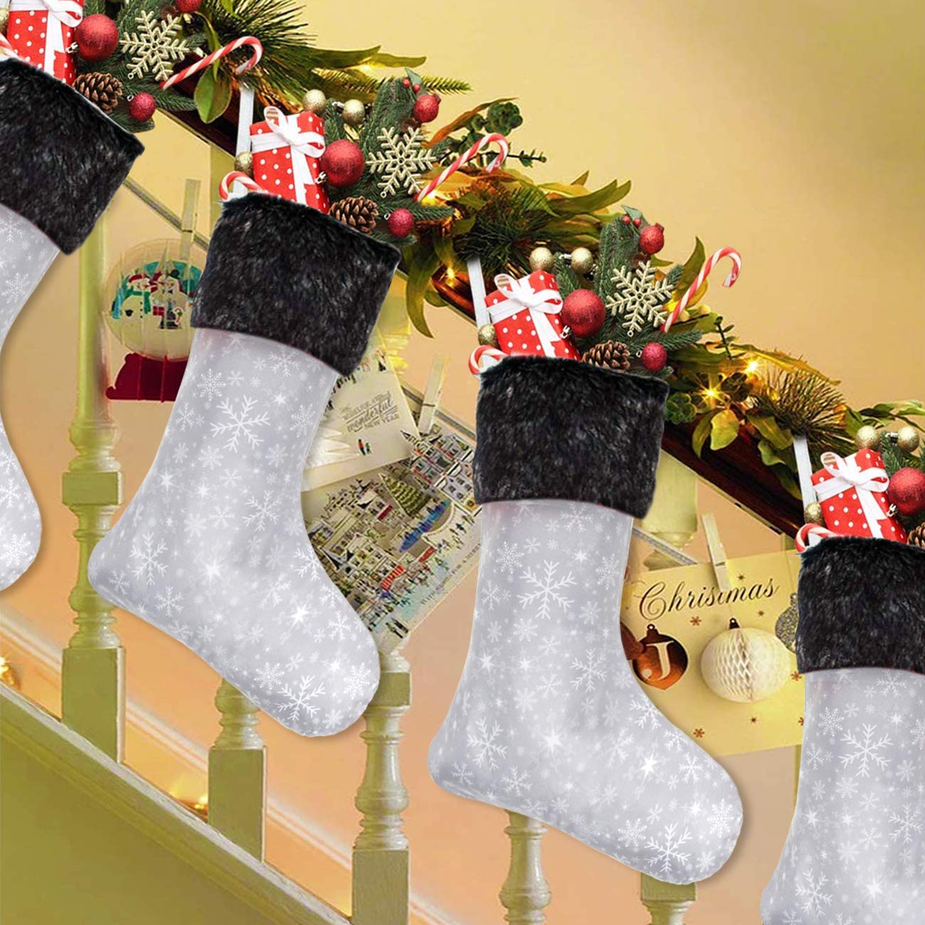 Senneny Christmas Stockings- 4 Pack 18" Grey and White Snowflake Christmas Stockings with Black Plush Faux Fur Cuff, Large Christmas Stockings Decorations for Family Christmas Holiday Party