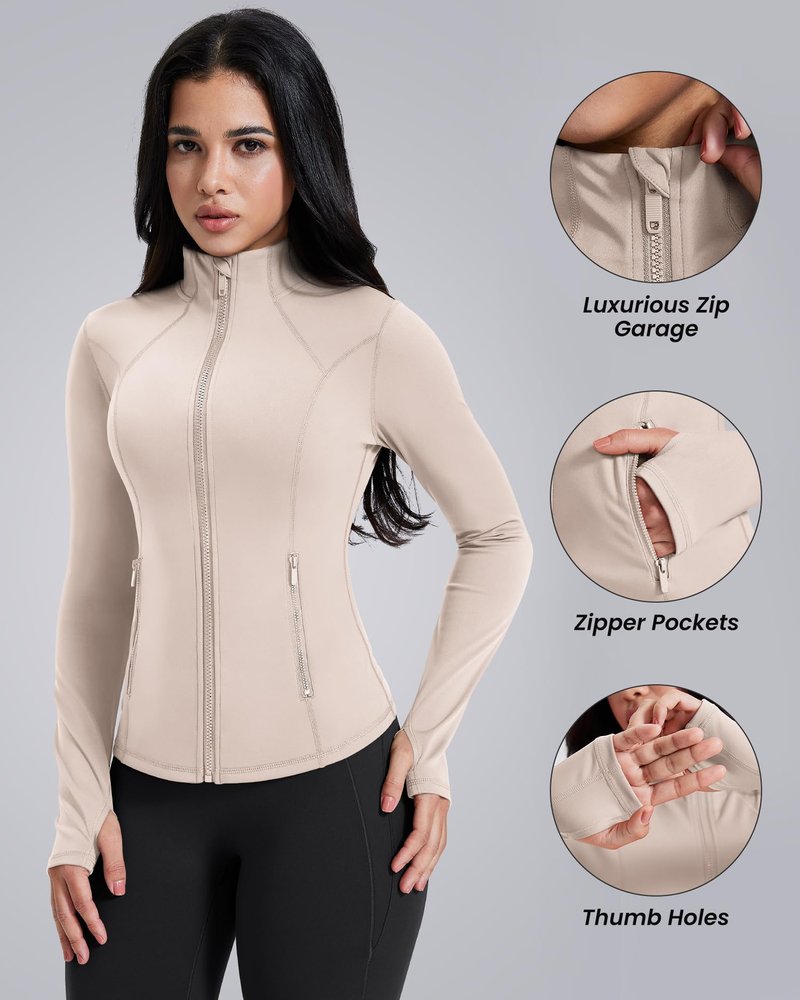 AVGO Womens Workout Jackets Lightweight Athletic Zip Up Jacket Slim Fit Running Gym Top with Pockets & Thumb Holes(Almond, S)