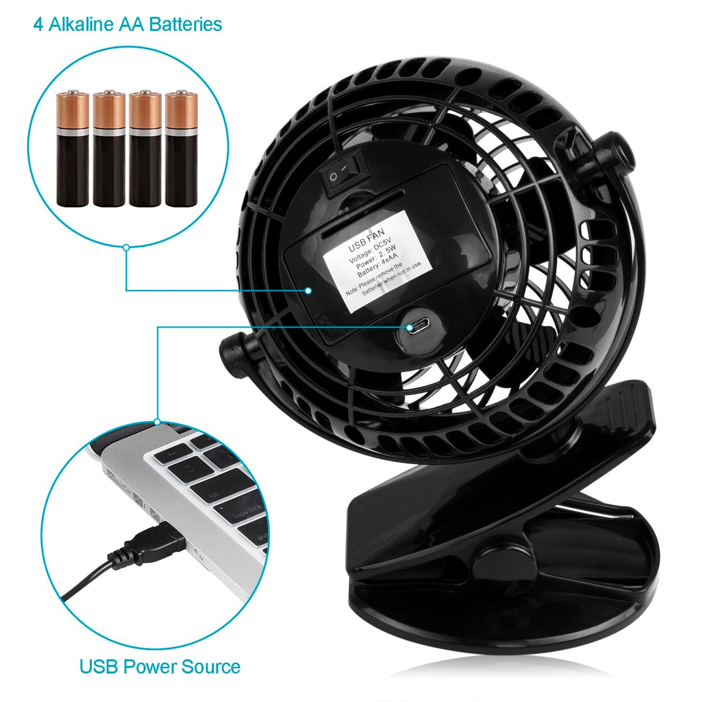Gazeled Battery Operated Fans, Stroller Fan Battery Operated, Portable Battery Powered Fan with Clip, 5 Inch Cordless Fan for Camping, Mini Quiet Personal Fan for Bed, Car, 8 Free AA Batteries