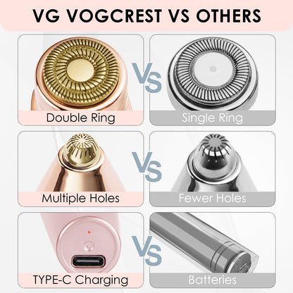 VG VOGCREST Eyebrow & Facial Trimmer: 2 in1 Rechargeable Facial Hair Removal & Eyebrow Shaver - Body Razor with Built-in LED Light (Rose Gold)