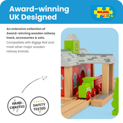 Bigjigs Rail Wooden Train Station | Accessories for Wood Railway Track Set | Toy Engine Parking Playset | Fun Gifts for 3+ Year Old Children | Kids Montessori Learning Tool
