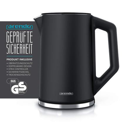 Arendo - Stainless Steel Kettle with Temperature Setting 40-100 Degrees in 5 Steps - Double Wall Design - Elegant Model - 1.5 Litre - 2200 W - Tea Maker with Temperature Display - GS - Black