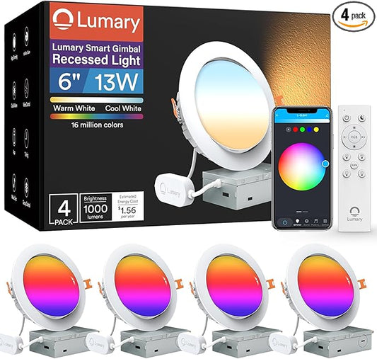 Lumary Smart Gimbal Recessed Lighting 6 Inch with Remote, 355°+20° Adjustable RGBWW WiFi Ceiling Light, Work with Alexa Google, Canless LED Downlight with J-Box, 13W 1000LM CRI90, 4 Pack