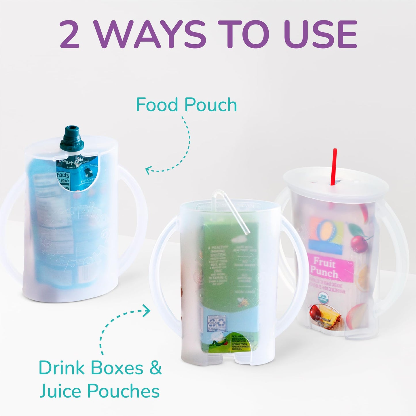 Flipping Holder 2-in-1 Baby Food Pouch & Juice Box Holder (2-pack) - No-Squeeze, Food-Safe Container with easy-grab Handles & Lid Fits GoGo, Capri Sun, Juice, Yogurt, & More