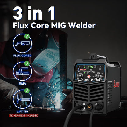 GZ GUOZHI 140A MIG Welder, 3 in 1 Welder FLUX MIG/ARC/Lift TIG Multi-Process Mig Welder, 110V Welding Machine, Welder Machine 110v Flux Core Welder with Welding Gun