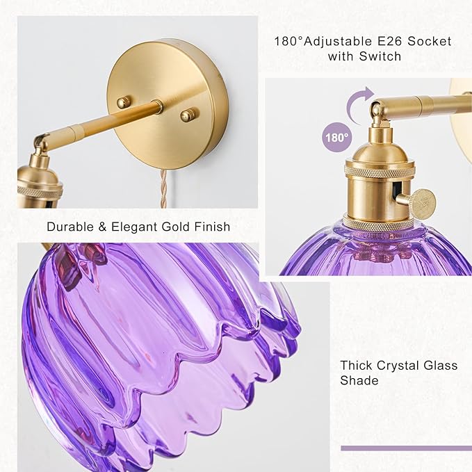 Plug in Wall Sconces Set of 2, Vintage Wall Sconce Light with Tulip Purple Glass Lampshade, 180° Adjustable Wall Sconce with Switch and Plug in wall lamp Cord, Gold Wall Light Wall Decor Set of 2