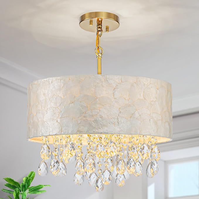 4-Lights Drum Capiz Shell Crystal Chandeliers, Coastal Style Pendant Light Fixture for Dining Room, Living Room, D16 x 20~67"(Adjustable), Shell Lampshade & Gold Finish