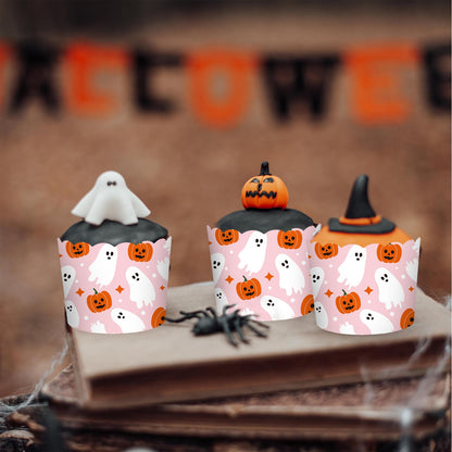 JarThenaAMCS 100Pcs Halloween Paper Baking Cups Pumpkin Ghost Cupcake Wrappers Orange Pink White Scalloped Edge Cupcake Muffin Cases for Halloween Dessert Decoration