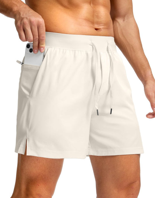 Soothfeel Men's Running Shorts with Zipper Pockets 5 Inch Lightweight Quick Dry Basketball Gym Workout Athletic Shorts for Men (Bone, S)
