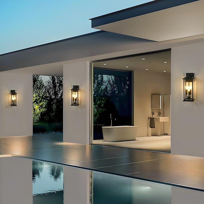 2-Pack 15" Outdoor Wall Lantern Candelabra 3-Light, Waterproof Exterior Wall Light Fixture with Clear Glass Front Porch Light Outdoor Wall Sconce, E12 Base Exterior Sconces for Garage