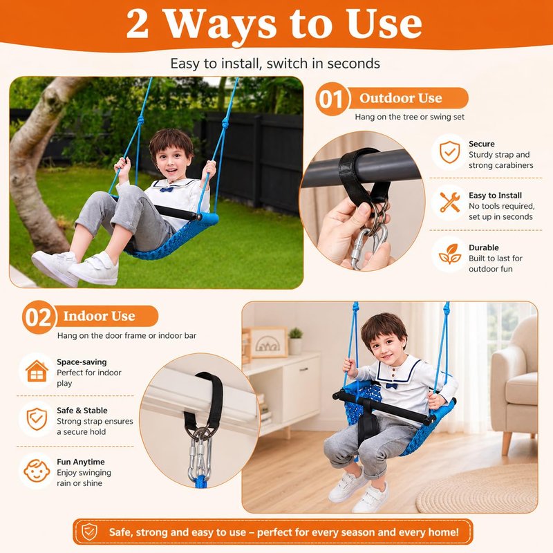 Kids Swing Seats Indoor Hand-Made Net Swing with Adjustable Rope Tree Swings for Kid Child Backyard Playground Swings Outside Indoor