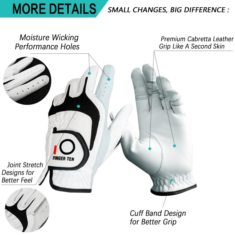 FINGER TEN Premium Golf Gloves Men Cabretta Leather Value 3 Pack for Right Left Handed Golfers, All Weather Grip Comfortable Glove Size S M ML L XL for Left Right Hand (White-3 Pack, Large, Left)