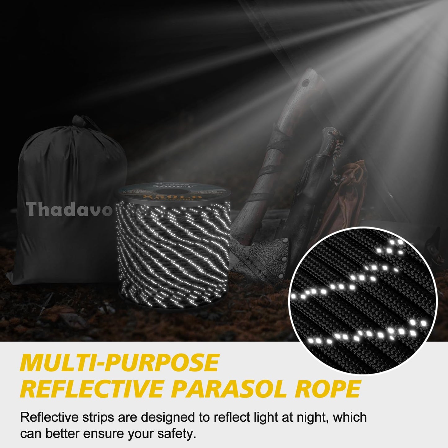 Thadavo Reflective Paracord Rope 850Ib, 50/100/200/500/1000ft 4MM 11 Strand para Cords Lanyard Utility Parachute Cord for Tent Camping Hiking Fishing Survival Tactical DIY Projects, Black 1000FT