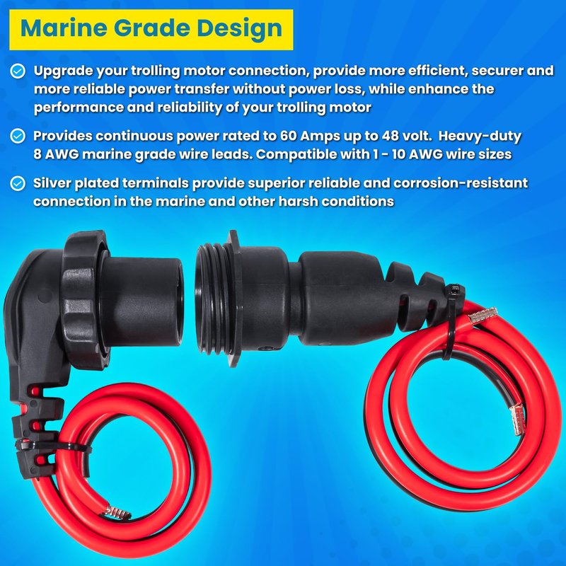1865120 MKR-28 Trolling Motor Plug and Receptacle For Minn Kota Freshwater and Saltwater Marine Boat Battery Accessory Male Female Connector Socket Waterproof Heavy Duty 8AWG Rated To 60A Up To 48V