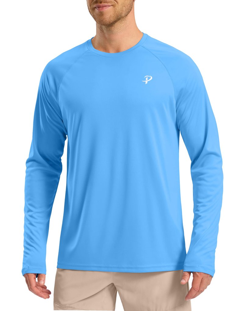 Pudolla Mens Sun Protection Shirts UV SPF T-Shirts UPF 50+ Long Sleeve Rash Guard Fishing Running Quick Dry(Sky Blue M)