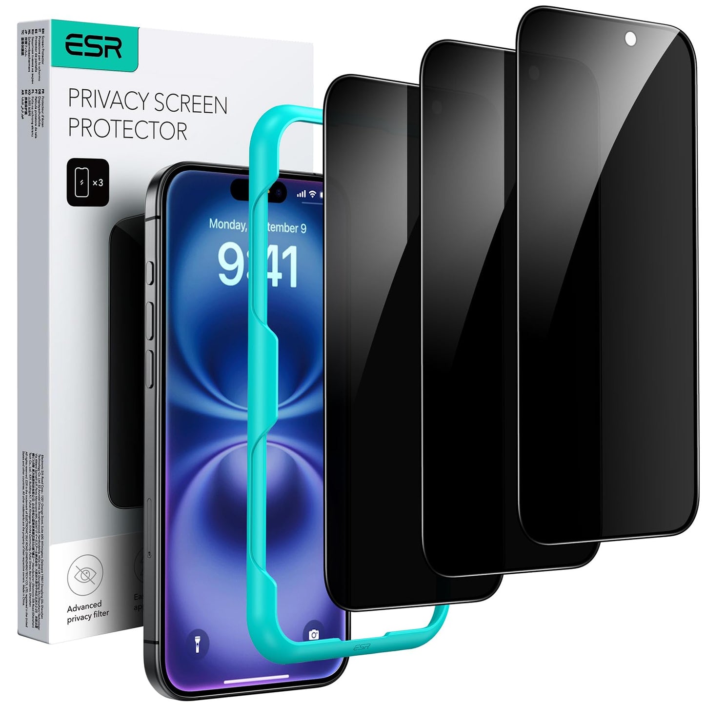ESR 3 Pack for iPhone 15 Pro Max Screen Protector, [9H Hardness] [Military Grade Shatterproof] Full Coverage Tempered Glass Film with Easy Installation Tool, HD Clear, Scratch Resistant