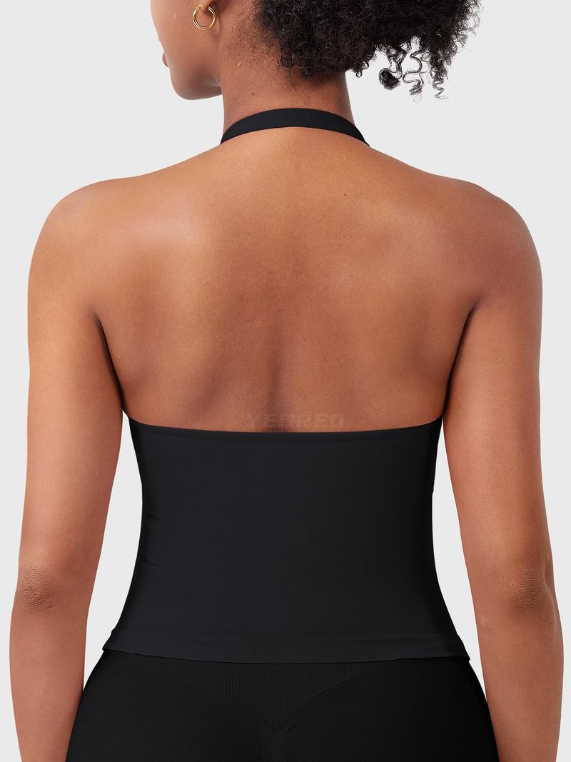 YEOREO SoftHue Women's Impact Halter Tank Top Longline Backless Scoop Neck Built-in Bra Sports Workout Gym Crop Top Black S